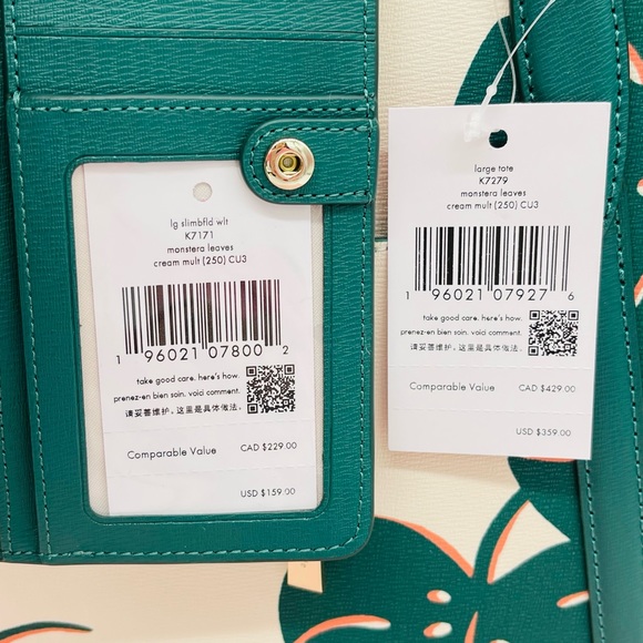 kate spade | Bags | Kate Spade Large Cara Monstera Leaves Printed Tote Bag Slim Bifold Wallet 